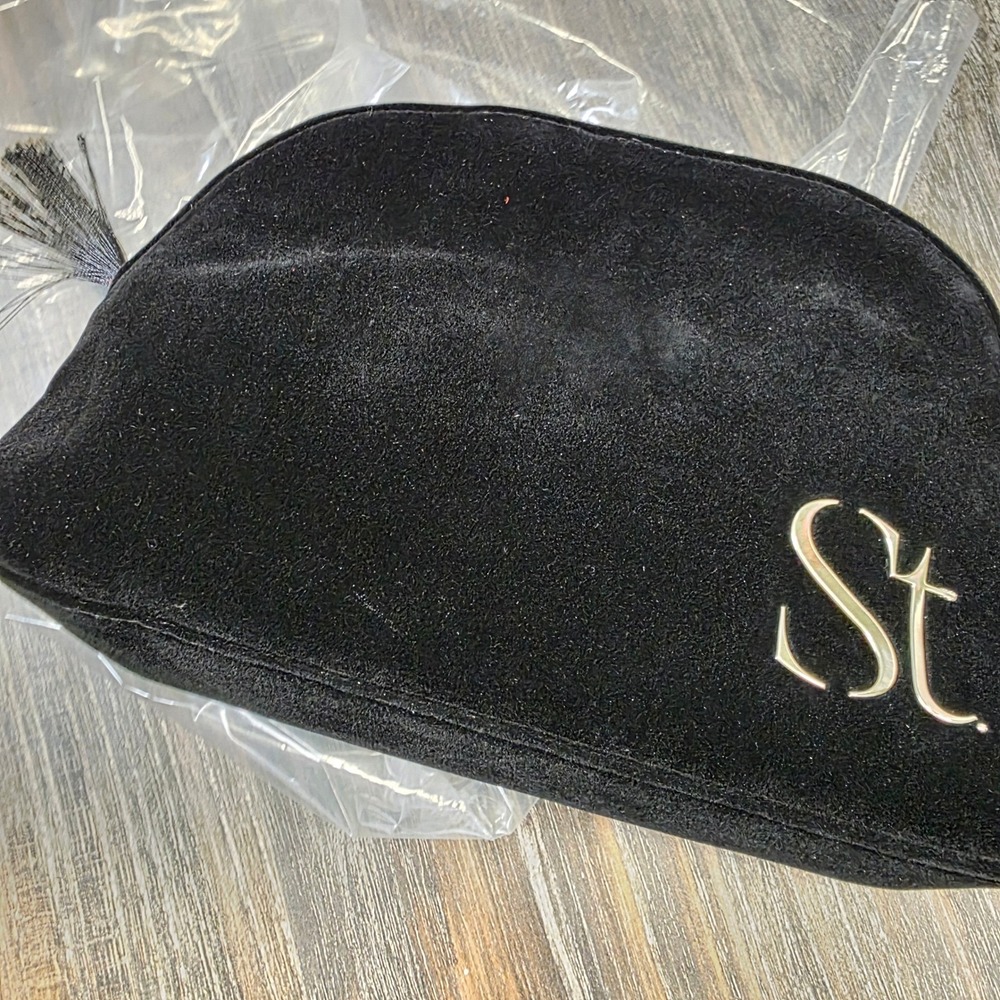 SEINT‎ Black Velvet Clutch St Monogram Tassel Gold Zipper Cosmetic Bag
